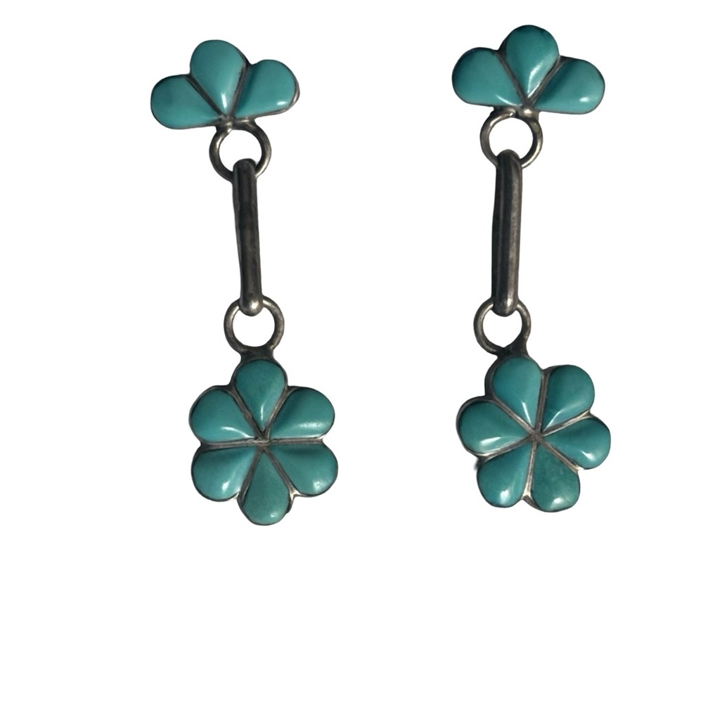 Turquoise Sterling Flower Zuni Handmade Drop Dangle Earrings 1” Dainty Feminine